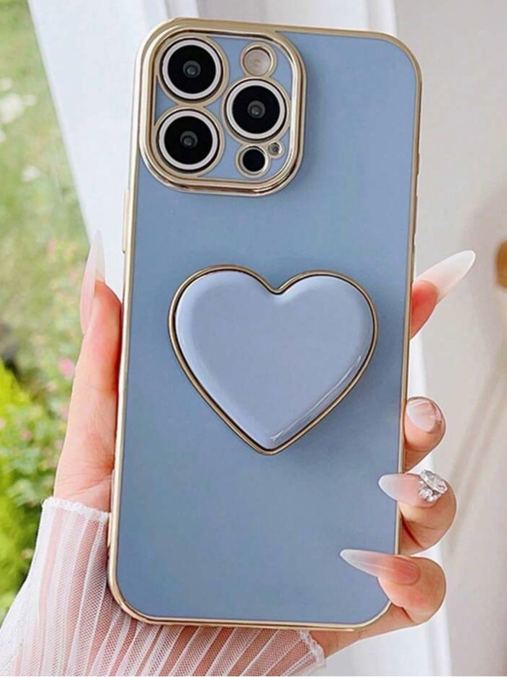 Apple-Compatible Blue Heart Grip Case with Gold Trim for iPhone 17 Pro